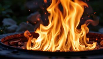 close up view of the flame's heat waves visible as shimmering distortions in the air above a fire pit. photo
