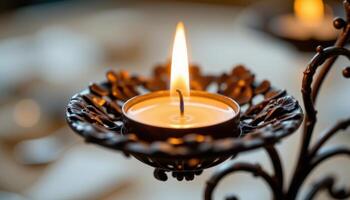 close up view of an intricately designed candle holder illuminated by a gently flickering flame, highlighting the craftsmanship of the metalwork. photo
