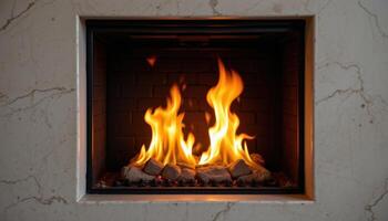 close up view of dual flames rising in perfect symmetry from a modern fireplace. photo