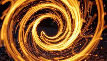 close up view of fire spiraling in a circular fire dancer trail, frozen in time. photo