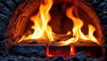 close up view of fiery tendrils wrapping around coal bricks inside a furnace. photo