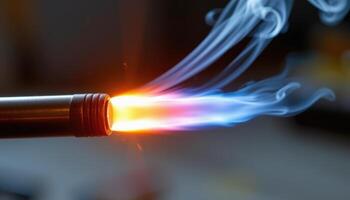 close up view of a torch flame with visible fuel trails and smoke wisps trailing above. photo