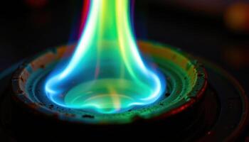 close up view of a blue and green flame igniting a chemical compound, with trails of light shimmering. photo