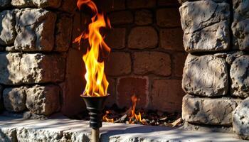 close up view of a flame rising from a torch set in a stone wall, casting dynamic shadows. photo