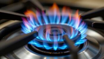 close up view of a blue flame dancing lightly over a gas burner, its heat creating ripples of distortion in the surrounding air. photo