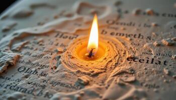 close up view of a candle flame softly illuminating the textured surface of handmade paper, creating warm highlights and shadows. photo