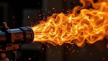 close up view of a thick column of fire bursting from a flamethrower nozzle, the intense heat and bright orange hues dominating the scene. photo