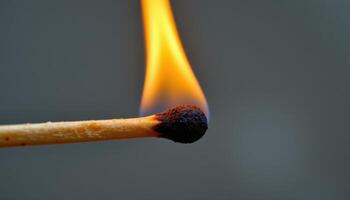 close up view of a flame curling around a matchstick as it begins to blacken. photo