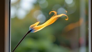 close up view of a slender flame bending and stretching as a gust of wind passes through an open window, its movement graceful and fluid. photo