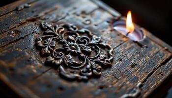close up view of a soft candle flame illuminating intricate carvings on an aged wooden box, highlighting the delicate details through warm light. photo
