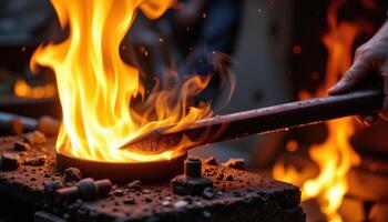 close up view of the intense heat of a flame forge, with fire blazing brightly over molten metal and casting dynamic shadows on surrounding tools. photo