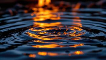 close up view of firelight reflecting off rippling water near a campfire, with flames and sparks casting moving light patterns on the surface. photo