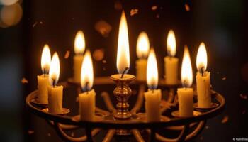 close up view of multiple candle flames burning in unison inside a circular metal candelabra, their flickering light casting dancing shadows. photo