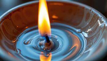 close up view of a bright candle flame reflected in a smooth ceramic surface, creating vivid light patterns and warm reflections. photo