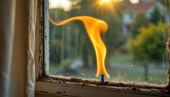 close up view of a flame bending sideways as a soft wind brushes through an open window. photo