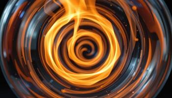 close up view of fire spiraling upwards in a controlled pattern inside a glass enclosure. photo