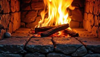 close up view of a roaring fire casting warm light across the cracked surface of an old stone hearth. photo