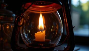 close up view of a gentle flame softly lighting the interior of a rustic lantern in an otherwise dark environment. photo