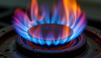 close up view of a blue flame burning steadily in a laboratory burner, with clear definition between its inner and outer layers. photo