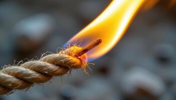 close up view of a bright flame climbing along the edge of a twisted rope wick, slowly consuming the fibers. photo