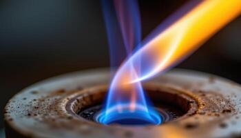 close up view of the blue core of a small flame emerging from a laboratory burner, glowing with intense energy. photo