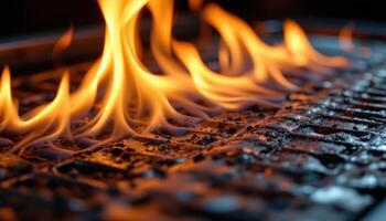 close up view of firelight shimmering across a metallic surface as flames rise and fall in rhythmic waves. photo