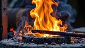 close up view of a roaring flame exploding upward from a forge, illuminating blackened tools. photo