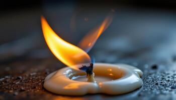 close up view of a candle flame distorted by a breeze, stretching sideways over melted wax. photo