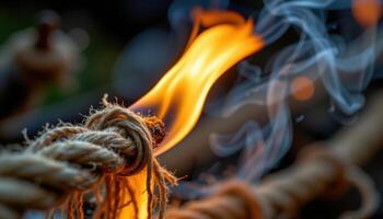 close up view of flames slowly crawling along a hemp rope, unraveling fibers in orange light. photo