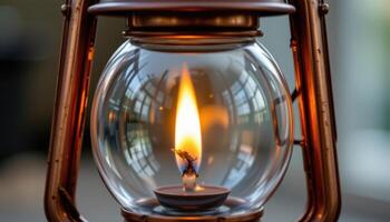 close up view of a lone flame gently bouncing within a copper lantern. photo