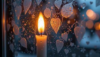 close up view of candlelight flickering behind frosted glass, creating soft glowing patterns. photo