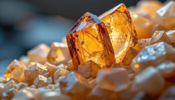 close up view of golden firelight diffusing through smoky quartz crystals. photo