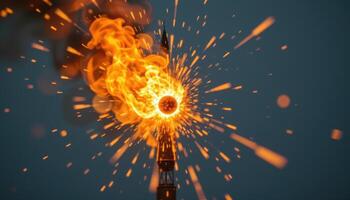 close up view of fire enveloping the tip of a firework before takeoff. photo