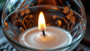 close up view of a candle flame reflected in an antique glass surface, with delicate shadows and soft highlights enhancing the scene's vintage ambiance. photo
