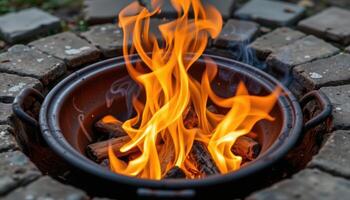 close up view of flames swirling around a metal brazier, their vibrant tongues of fire casting flickering shadows on nearby stone surfaces. photo