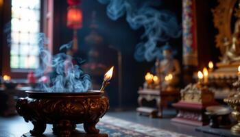 close up view of a solitary flame on a ceremonial incense burner in a dark temple. photo
