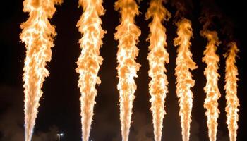 close up view of jet flames shooting from vertical pipes in a nighttime light show. photo