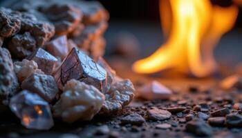 close up view of fire reflecting on jagged crystals placed nearby. photo