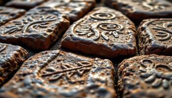 close up view of fire illuminating carved patterns on ancient stones. photo