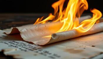 close up view of swirling flames consuming a curled parchment scroll. photo