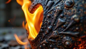 close up view of fire swirling around a metal sculpture, revealing texture through heat. photo