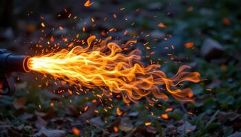 close up view of twisting fire trails following a burst of ignition from a flamethrower. photo