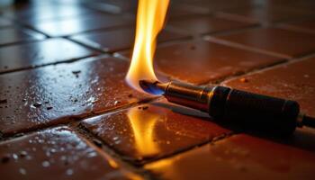 close up view of flame reflections on a glossy tiled floor beneath a burning torch. photo