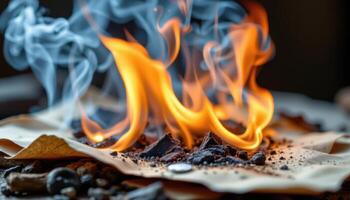 close up view of wild flames consuming dry paper, curling the edges into ash and smoke. photo