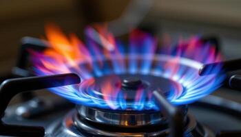 close up view of a gas stove flame flaring high against a reflective metal pot. photo
