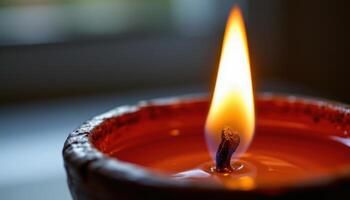 close up view of a glowing flame rising from a ceramic oil lamp, the warm light contrasting with the cool ceramic surface. photo