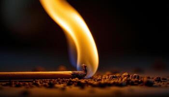 close up view of a slender matchstick flame wavering as it begins to consume the wood beneath, glowing warmly against a dark background. photo