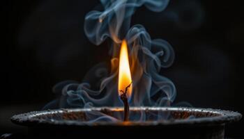 close up view of a solitary flame burning steadily in a dark room, surrounded by thick shadows and subtle hints of smoke rising upward. photo