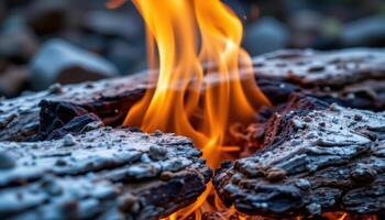 close up view of a swirling orange flame dancing above a cracked log, with glowing embers radiating intense heat. photo