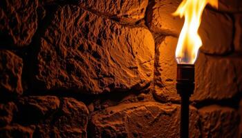close up view of a torch flame burning steadily on a stone wall at night, the bright fire casting deep, dancing shadows across the textured surface. photo